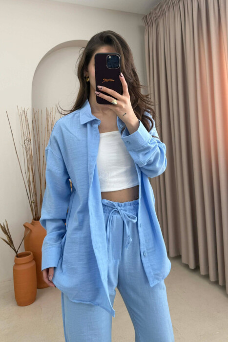 SET NJE NGJYRESH KEMISHE + PANTALLONA ME LIDHESE PER FEMRA NE NGJYRE BLU TE ZBARDHUR - 2