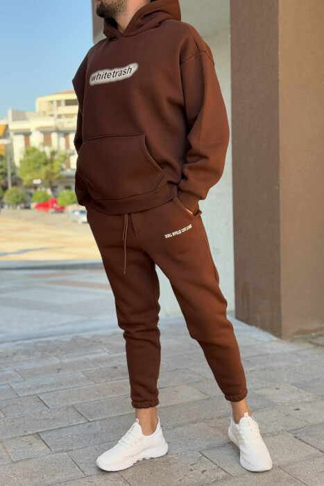 SET NJË NGJYRËSH ME PUSH HOODIE+TUTA PËR MESHKUJ NË NGJYRË KAFE - 4