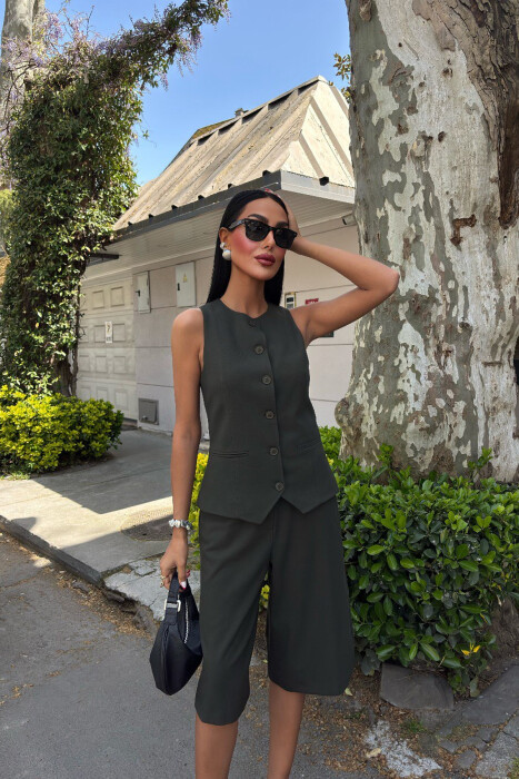 SET NJË NGJYRËSH JELEK+PANTALLONA TË SHKURTRA PËR FEMRA NË NGJYRË JESHILE E ERRËT - 2