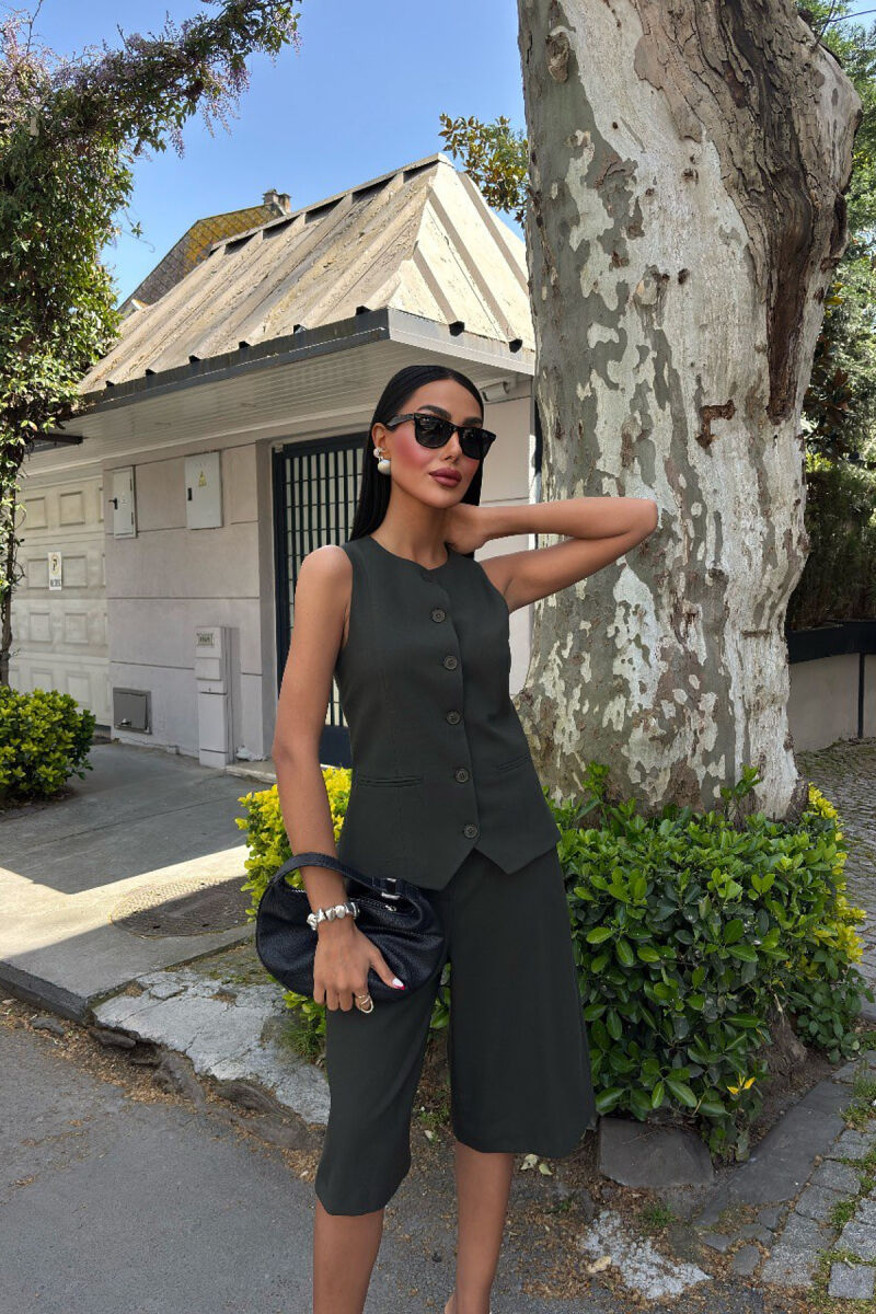 SET NJË NGJYRËSH JELEK+PANTALLONA TË SHKURTRA PËR FEMRA NË NGJYRË JESHILE E ERRËT - 3