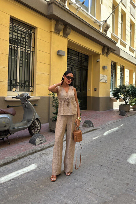 SET NJË NGJYRËSH KANATIERE+PANTALLONA PËR FEMRA NË NGJYRË KAFE E ZBARDHUR - 1