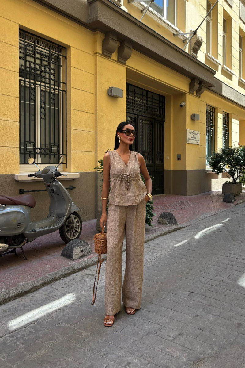 SET NJË NGJYRËSH KANATIERE+PANTALLONA PËR FEMRA NË NGJYRË KAFE E ZBARDHUR - 3