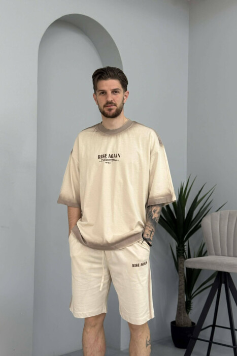 SET NJE NGJYRESH T-SHIRT + TUTA TE SHKURTRA PER MESHKUJ NE NGJYRE BEZHE - 1