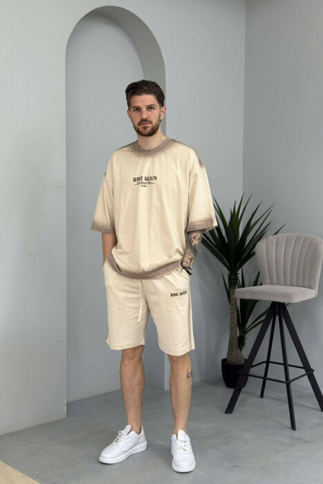 SET NJE NGJYRESH T-SHIRT + TUTA TE SHKURTRA PER MESHKUJ NE NGJYRE BEZHE - 3