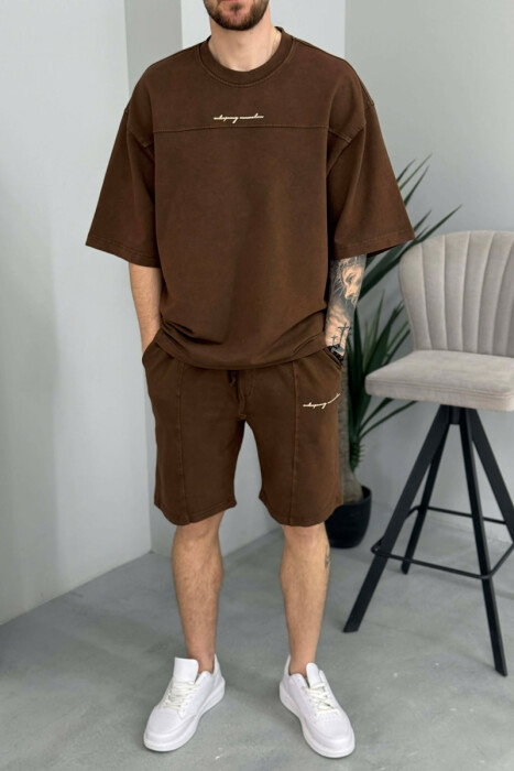 SET NJE NGJYRESH T-SHIRT + TUTA TE SHKURTRA PER MESHKUJ NE NGJYRE KAFE - 2