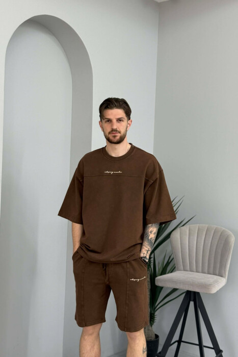 SET NJE NGJYRESH T-SHIRT + TUTA TE SHKURTRA PER MESHKUJ NE NGJYRE KAFE - 3