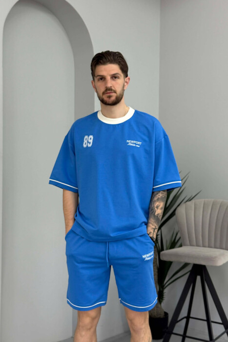 SET T-SHIRT ME SHKRIM PARA & PAS + TUTA TE SHKURTRA PER MESHKUJ NE NGJYRE BLU TE ZBARDHUR - 2