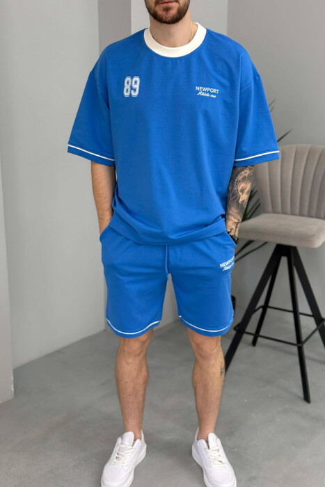 SET T-SHIRT ME SHKRIM PARA & PAS + TUTA TE SHKURTRA PER MESHKUJ NE NGJYRE BLU TE ZBARDHUR - 3