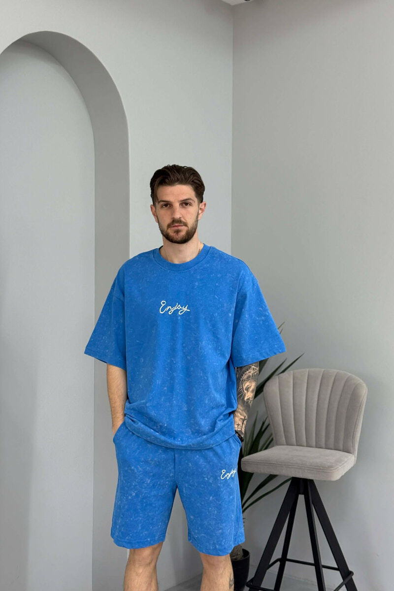 SET T-SHIRT ME SHKRIM PARA & PAS + TUTA TE SHKURTRA PER MESHKUJ NE NGJYRE BLU TE ZBARDHUR - 2