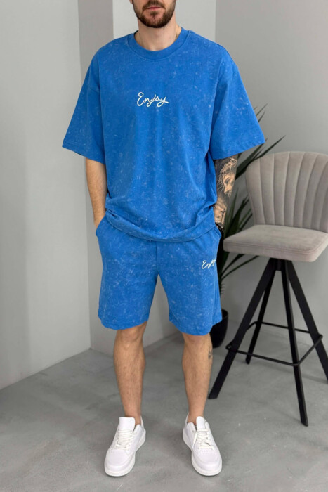 SET T-SHIRT ME SHKRIM PARA & PAS + TUTA TE SHKURTRA PER MESHKUJ NE NGJYRE BLU TE ZBARDHUR - 3