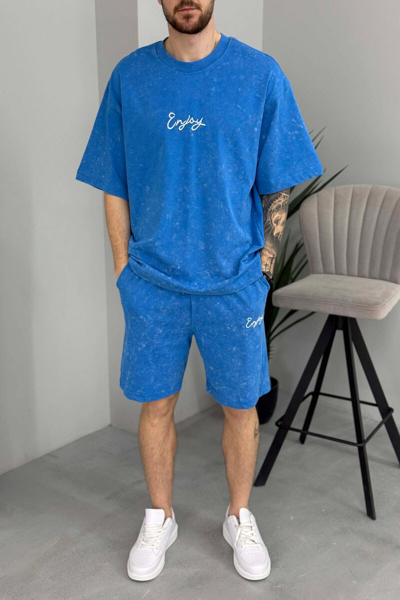 SET T-SHIRT ME SHKRIM PARA & PAS + TUTA TE SHKURTRA PER MESHKUJ NE NGJYRE BLU TE ZBARDHUR - 3