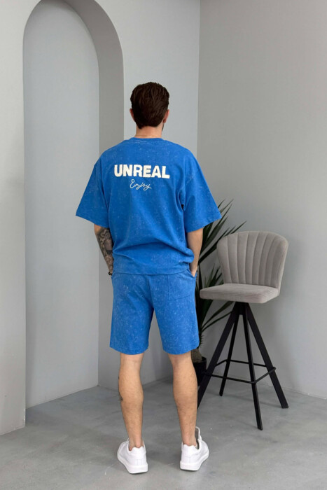 SET T-SHIRT ME SHKRIM PARA & PAS + TUTA TE SHKURTRA PER MESHKUJ NE NGJYRE BLU TE ZBARDHUR - 4