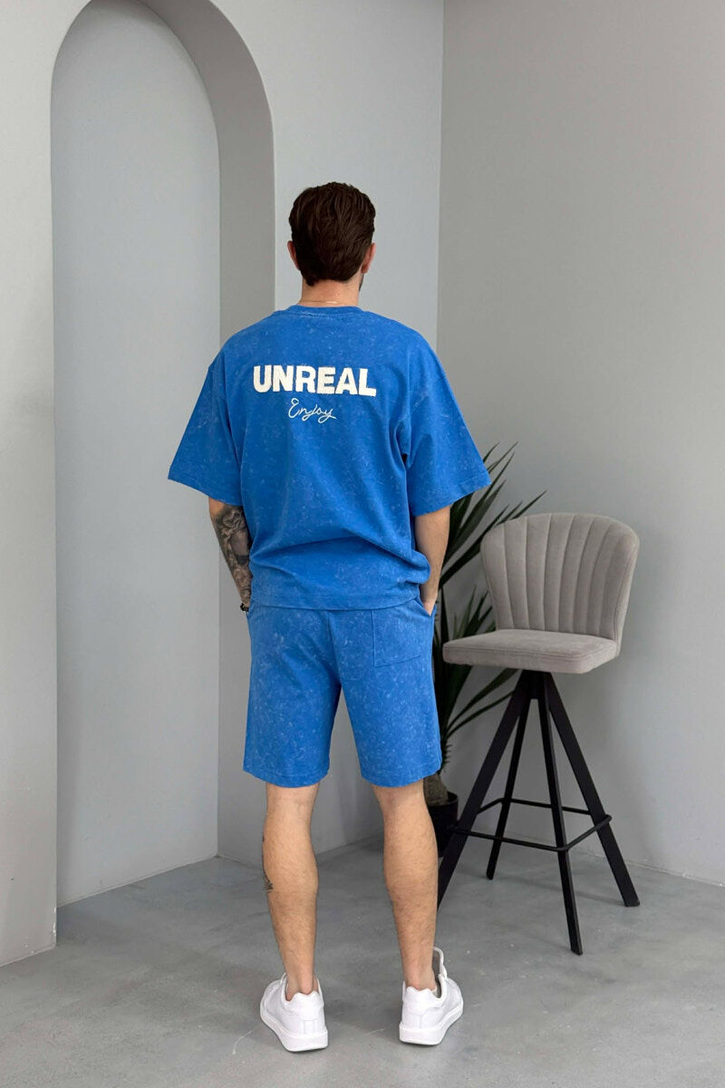 SET T-SHIRT ME SHKRIM PARA & PAS + TUTA TE SHKURTRA PER MESHKUJ NE NGJYRE BLU TE ZBARDHUR - 4