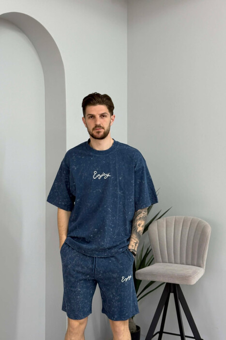 SET T-SHIRT ME SHKRIM PARA & PAS + TUTA TE SHKURTRA PER MESHKUJ NE NGJYRE BLU - 2