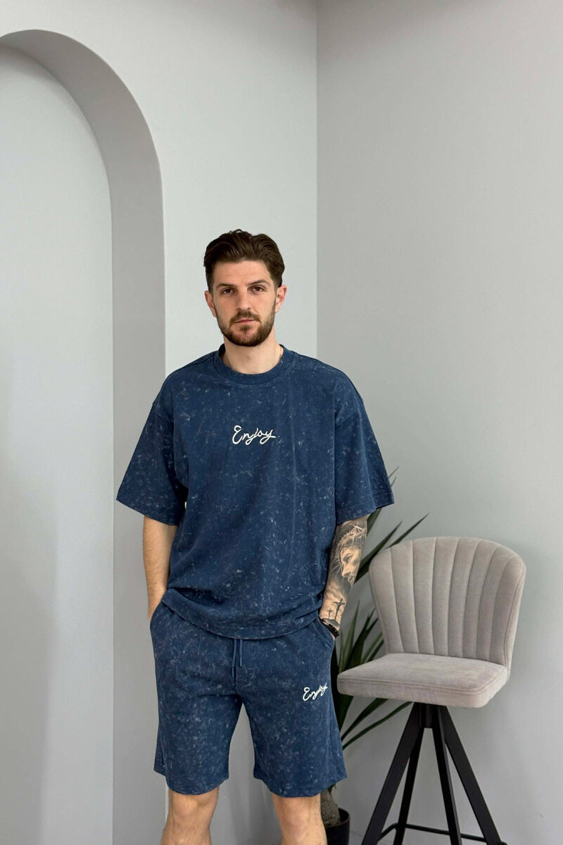 SET T-SHIRT ME SHKRIM PARA & PAS + TUTA TE SHKURTRA PER MESHKUJ NE NGJYRE BLU - 2