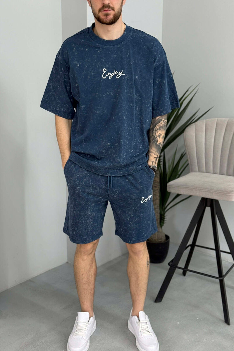 SET T-SHIRT ME SHKRIM PARA & PAS + TUTA TE SHKURTRA PER MESHKUJ NE NGJYRE BLU - 3