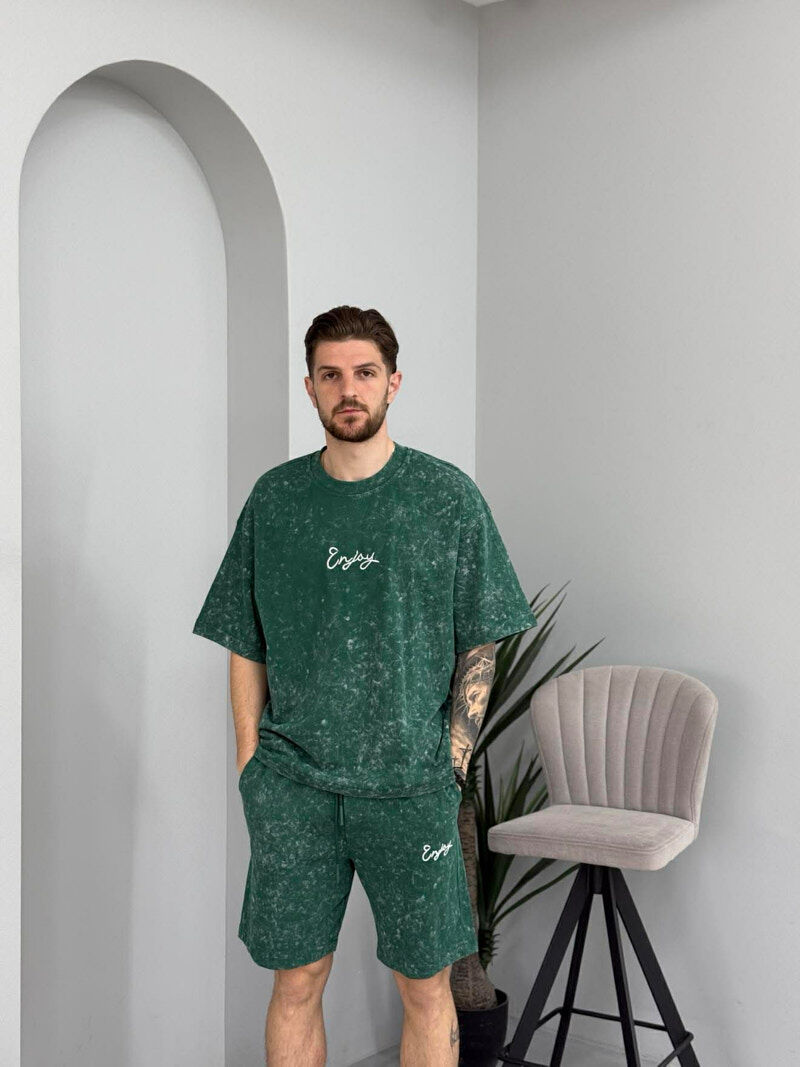 SET T-SHIRT ME SHKRIM PARA & PAS + TUTA TE SHKURTRA PER MESHKUJ NE NGJYRE JESHILE - 2