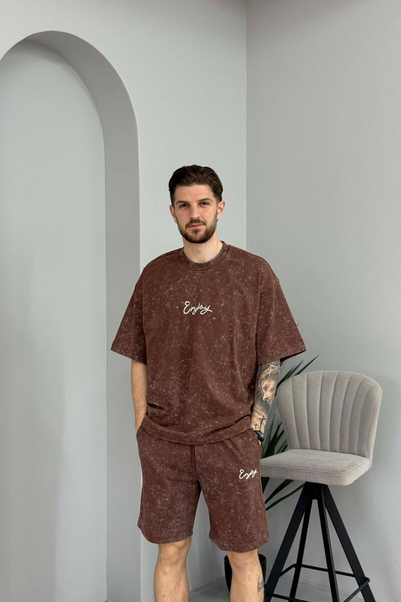 SET T-SHIRT ME SHKRIM PARA & PAS + TUTA TE SHKURTRA PER MESHKUJ NE NGJYRE KAFE - 2