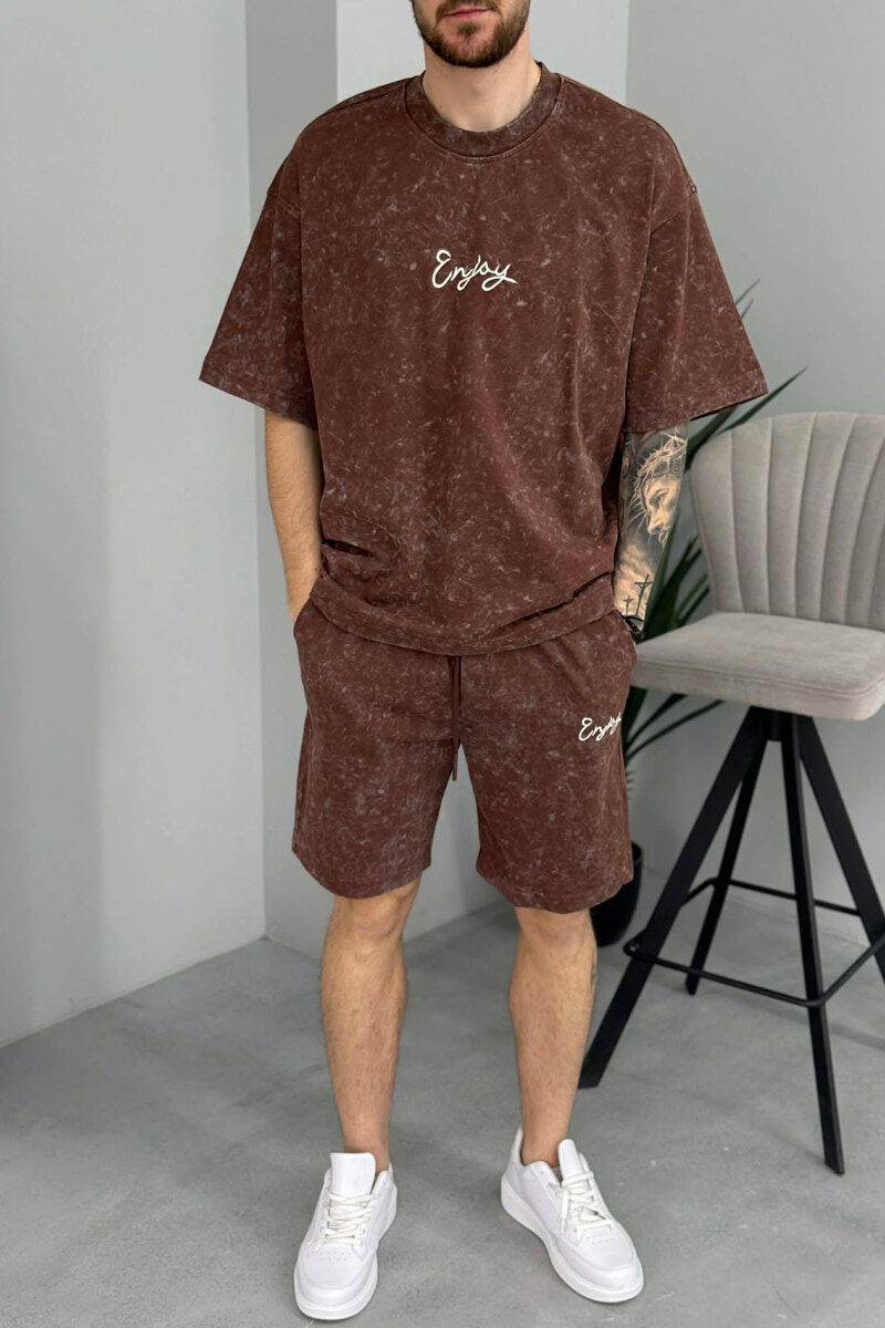 SET T-SHIRT ME SHKRIM PARA & PAS + TUTA TE SHKURTRA PER MESHKUJ NE NGJYRE KAFE - 3