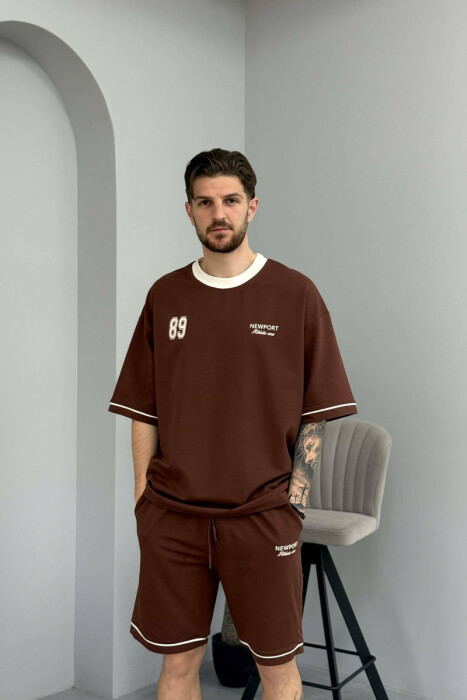 SET T-SHIRT ME SHKRIM PARA & PAS + TUTA TE SHKURTRA PER MESHKUJ NE NGJYRE KAFE - 3