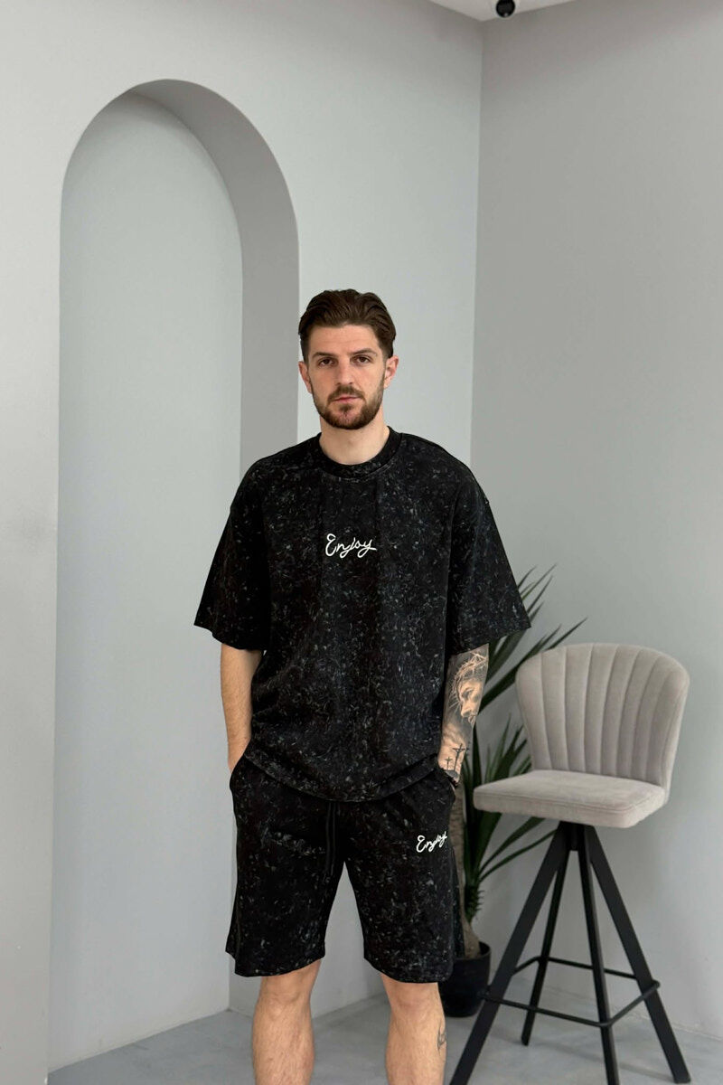 SET T-SHIRT ME SHKRIM PARA & PAS + TUTA TE SHKURTRA PER MESHKUJ NE NGJYRE TE ZEZE - 2