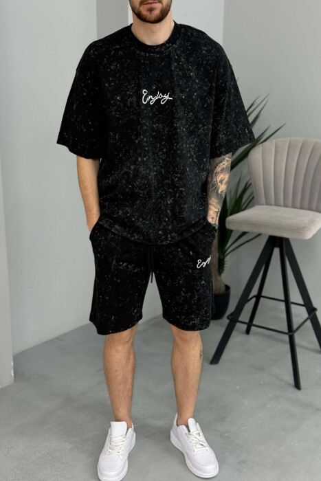 SET T-SHIRT ME SHKRIM PARA & PAS + TUTA TE SHKURTRA PER MESHKUJ NE NGJYRE TE ZEZE - 3