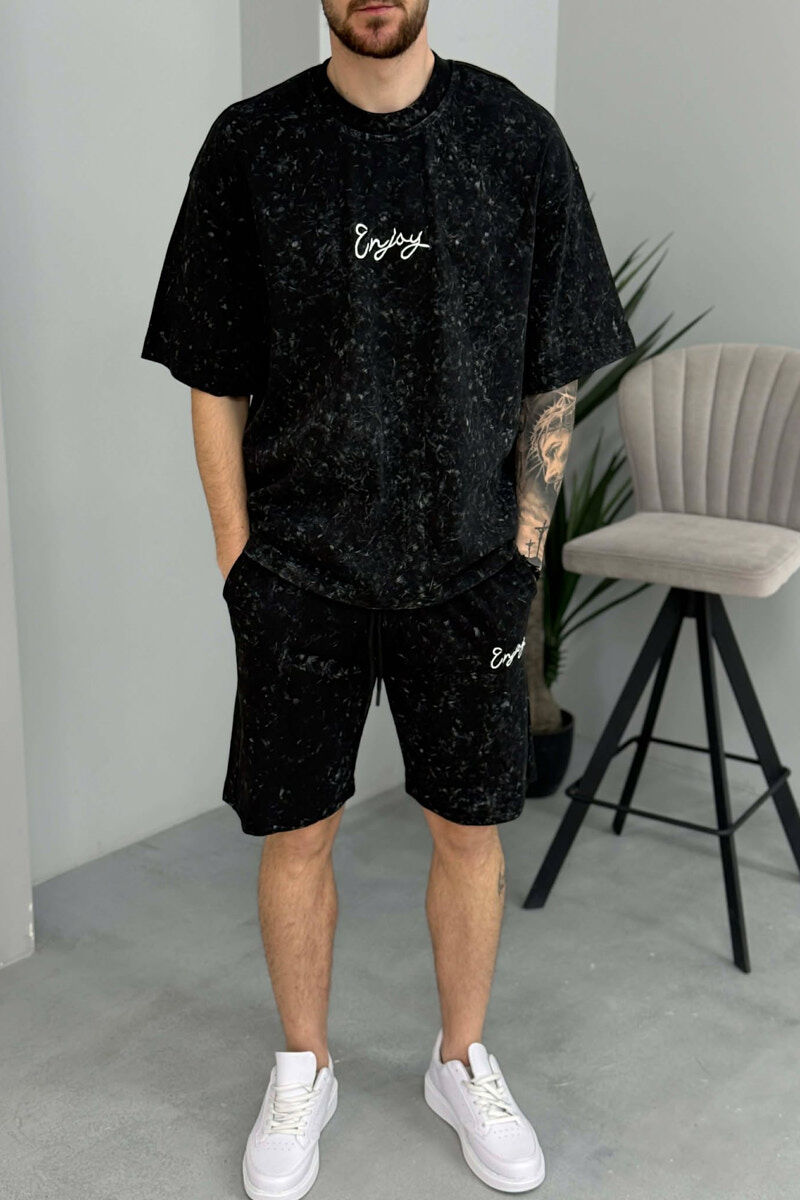 SET T-SHIRT ME SHKRIM PARA & PAS + TUTA TE SHKURTRA PER MESHKUJ NE NGJYRE TE ZEZE - 3