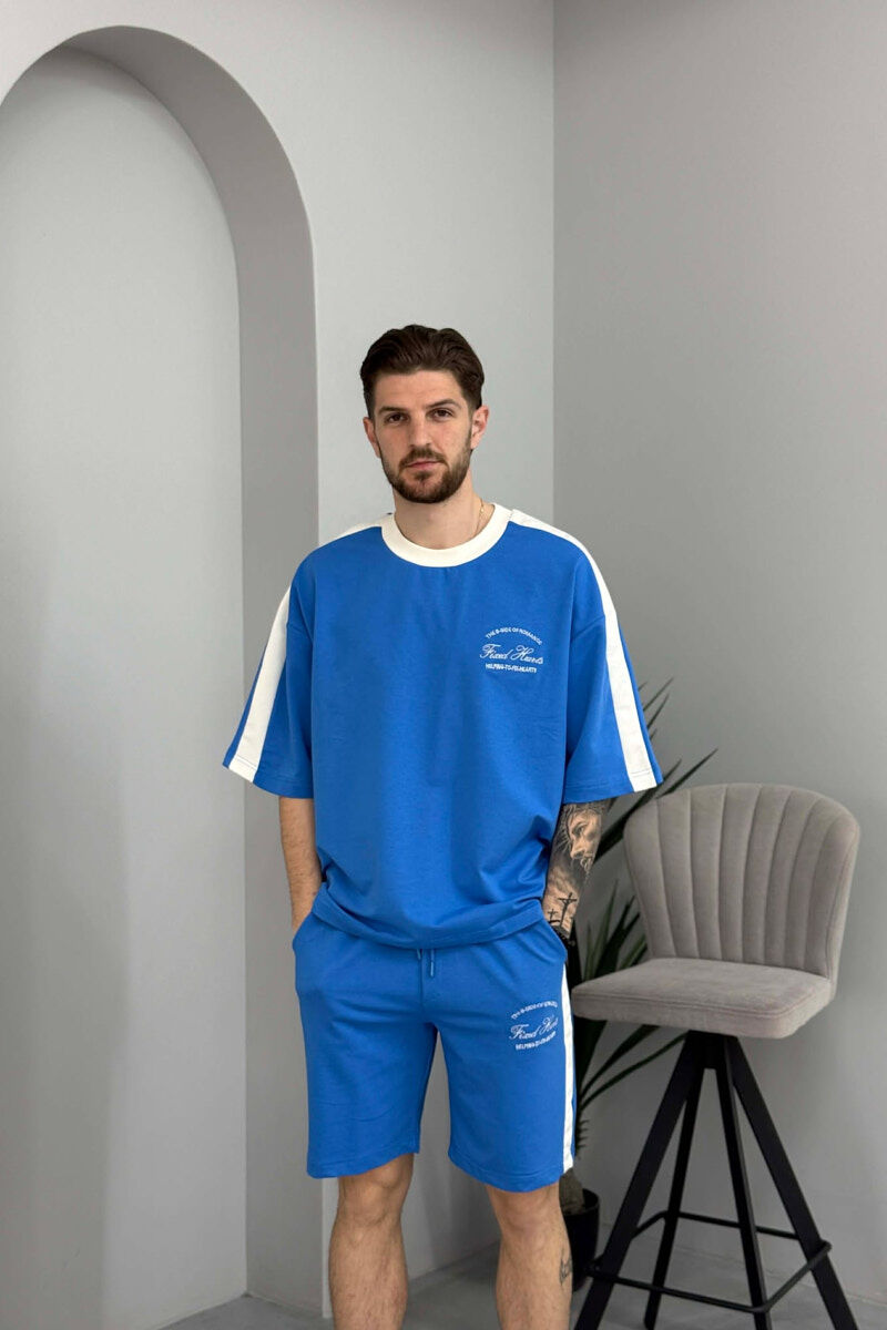 SET T-SHIRT ME SHKRIME TE VOGLA + TUTA TE SHKURTRA PER MESHKUJ NE NGJYRE BLU TE ZBARDHUR - 2