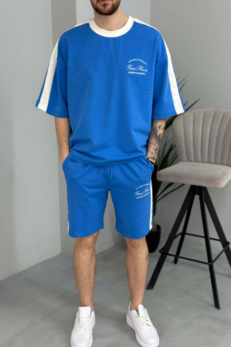 SET T-SHIRT ME SHKRIME TE VOGLA + TUTA TE SHKURTRA PER MESHKUJ NE NGJYRE BLU TE ZBARDHUR - 3