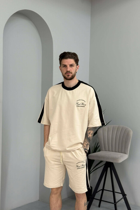 SET T-SHIRT ME SHKRIME TE VOGLA + TUTA TE SHKURTRA PER MESHKUJ NE NGJYRE KREM - 2