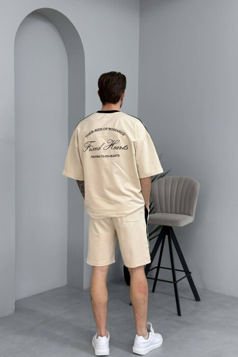 SET T-SHIRT ME SHKRIME TE VOGLA + TUTA TE SHKURTRA PER MESHKUJ NE NGJYRE KREM - 4