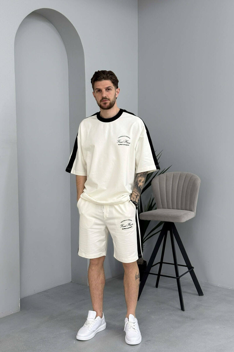 SET T-SHIRT ME SHKRIME TE VOGLA + TUTA TE SHKURTRA PER MESHKUJ NE NGJYRE TE BARDHE - 1