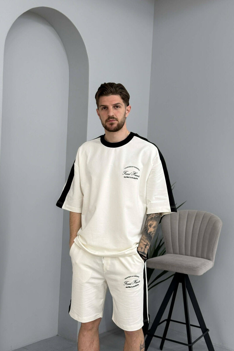 SET T-SHIRT ME SHKRIME TE VOGLA + TUTA TE SHKURTRA PER MESHKUJ NE NGJYRE TE BARDHE - 2