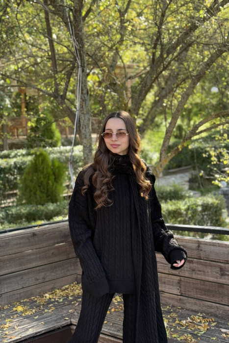 SET TRE PJESËSH I THURRUR SHALL+TRIKO+PANTALLONA ME GËRSHETA PËR FEMRA NË NGJYRË TË ZEZË - 2