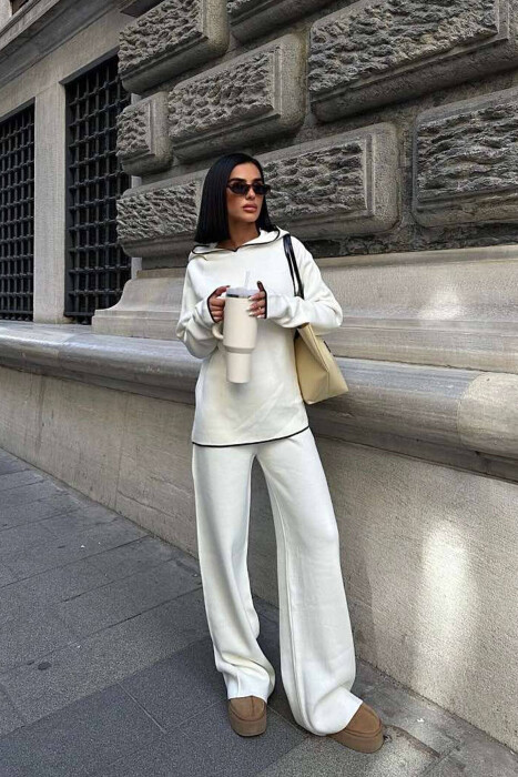 HOODIED SWEATER+PANTS KNIT WOMAN SET WHITE-E BARDHE - 5