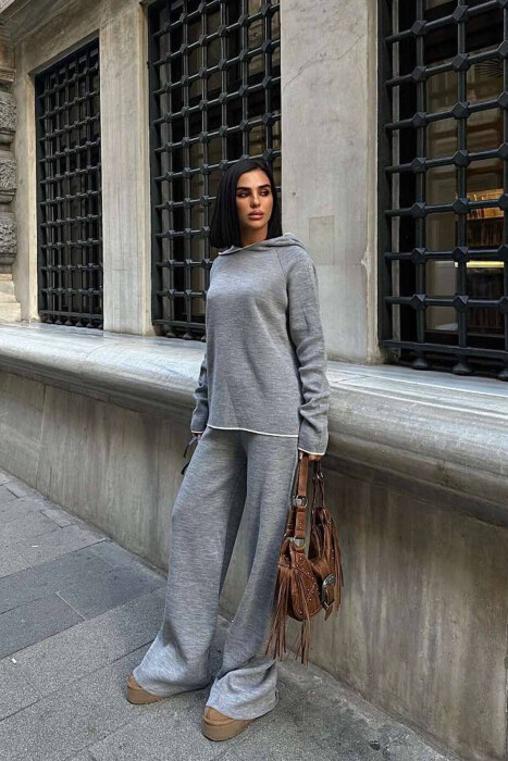 HOODIED SWEATER+PANTS KNIT WOMAN SET GREY/GRI - 2