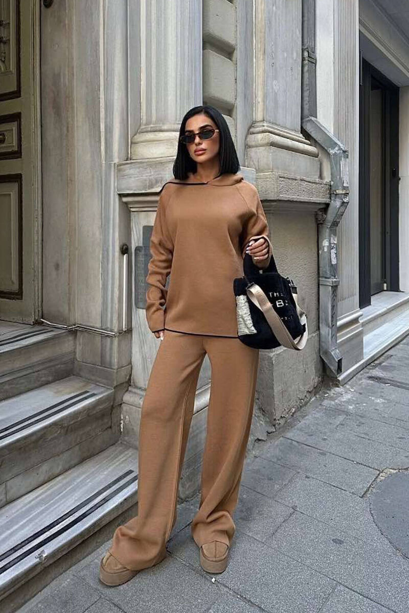 HOODIED SWEATER+PANTS KNIT WOMAN SET BROWN/KAFE - 2