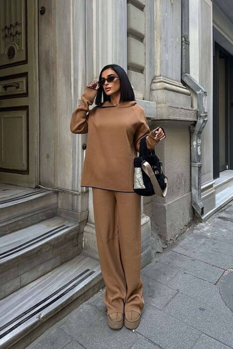 HOODIED SWEATER+PANTS KNIT WOMAN SET BROWN/KAFE - 4