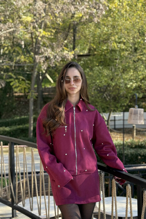 SET XHAKETË ME DETAJE GURËSH+FUND PËR FEMRA NË NGJYRË VISHNJË - 3