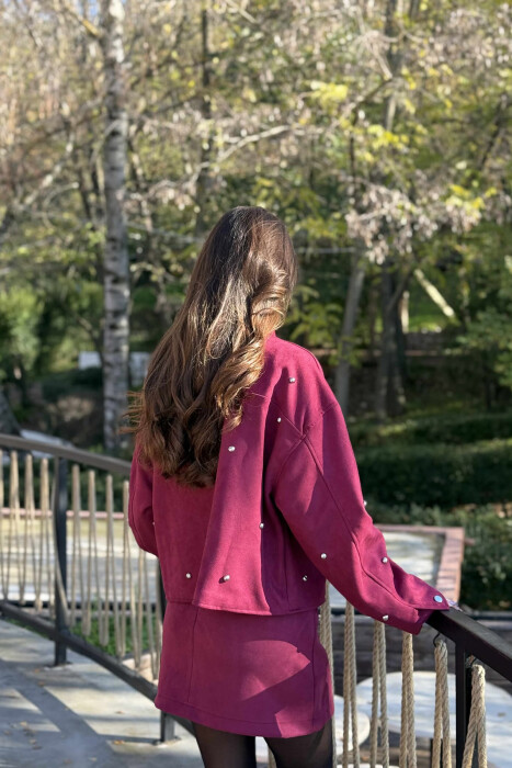 SET XHAKETË ME DETAJE GURËSH+FUND PËR FEMRA NË NGJYRË VISHNJË - 4