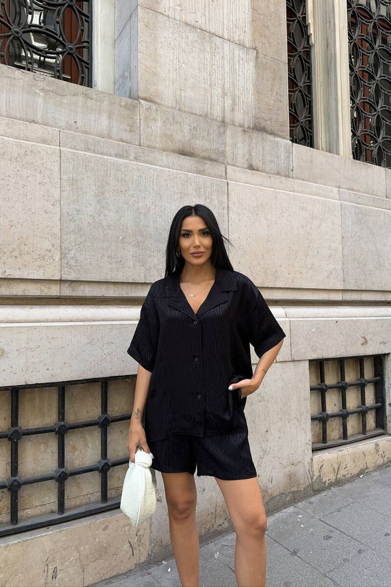 SHINY ONE COLOR SHORT SLEEVE SHIRT + SHORTS WOMAN SET BLACK/ E ZEZE - 1