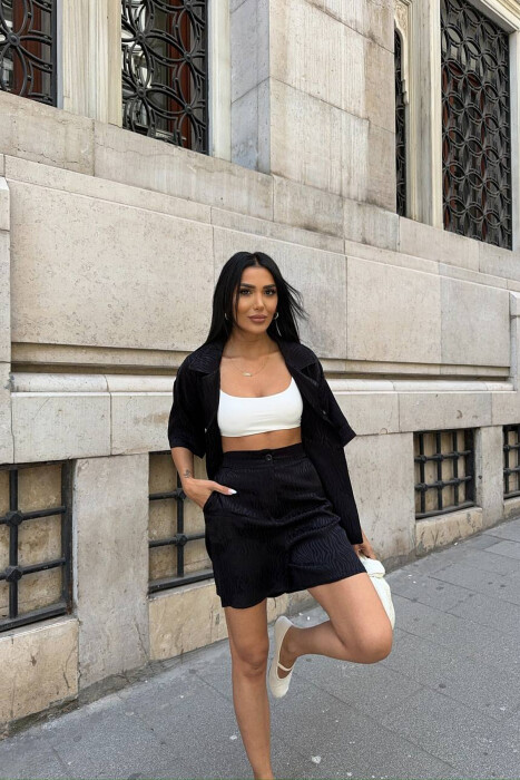 SHINY ONE COLOR SHORT SLEEVE SHIRT + SHORTS WOMAN SET BLACK/ E ZEZE - 4