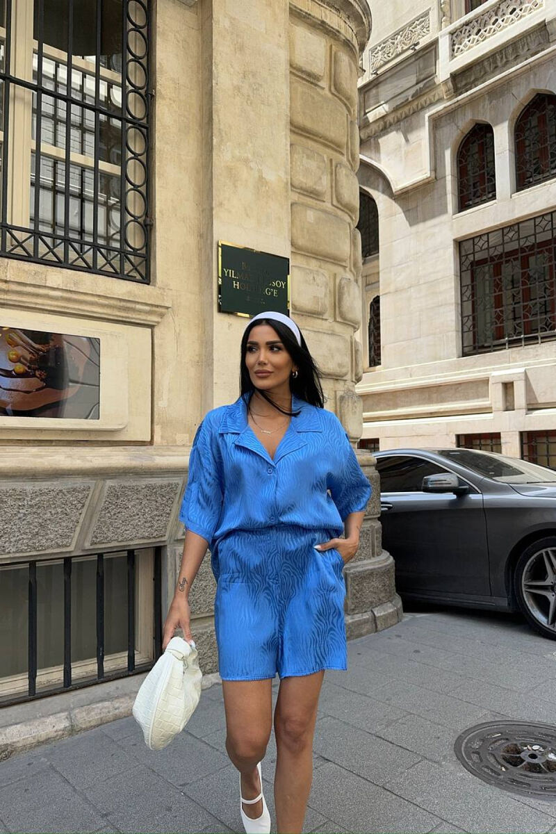SHINY ONE COLOR SHORT SLEEVE SHIRT + SHORTS WOMAN SET BLUE/BLU - 1