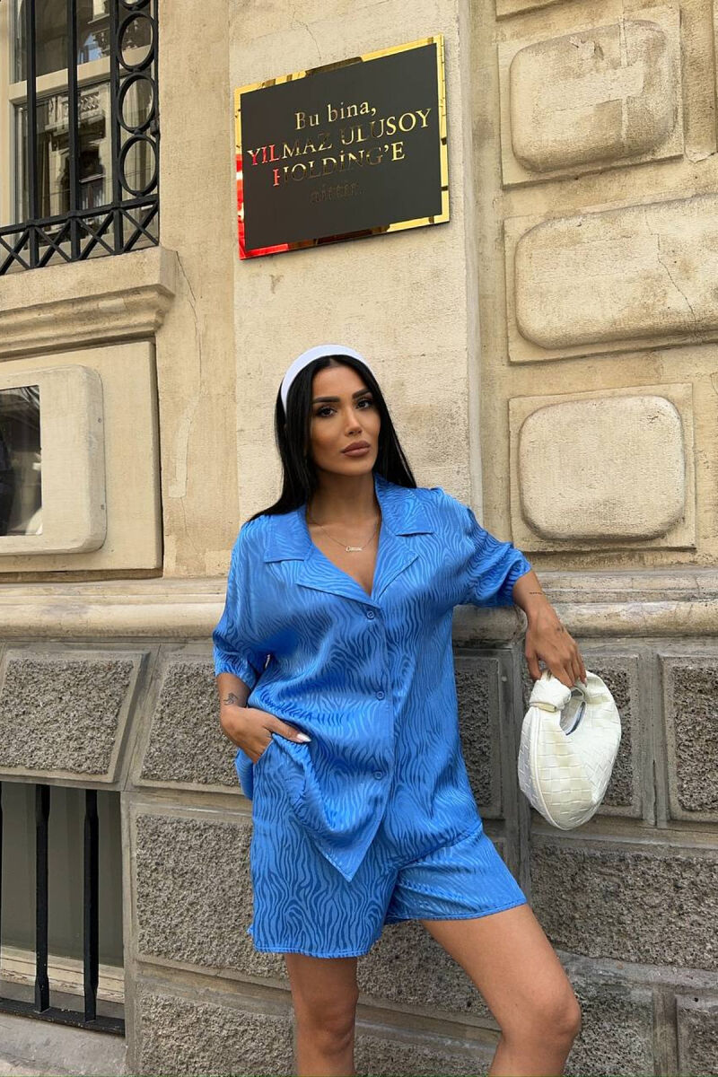 SHINY ONE COLOR SHORT SLEEVE SHIRT + SHORTS WOMAN SET BLUE/BLU - 2