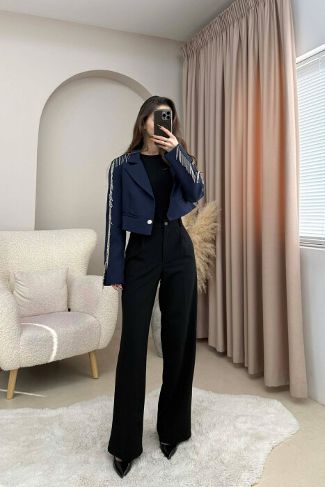 SHINY STONES DETAIL CROPPED WOMEN JACKET DARK BLUE/BEE - KLAUDIO FASHION