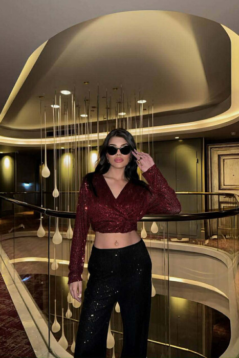 SHINY V NECK WOMAN CROP TOP BURGUNDY/VISHNJE - 1