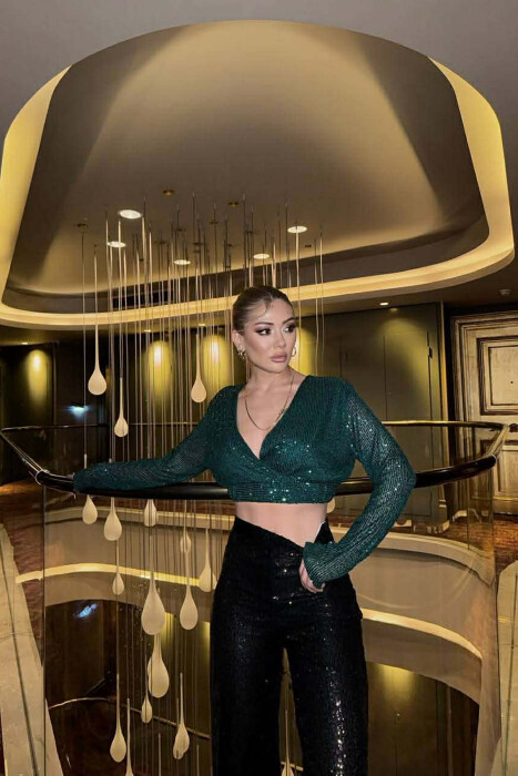 SHINY V NECK WOMAN CROP TOP GREEN/JESHILE 