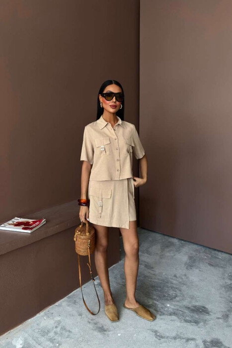 SHIRT+SKORT POCKETS DETAIL WOMEN SET BEIGE/BEZHE 