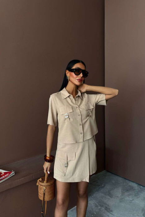 SHIRT+SKORT POCKETS DETAIL WOMEN SET BEIGE/BEZHE - 3