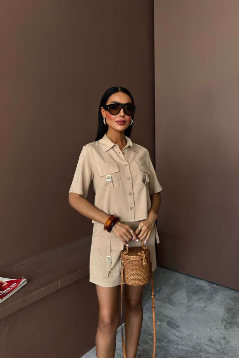 SHIRT+SKORT POCKETS DETAIL WOMEN SET BEIGE/BEZHE - 4